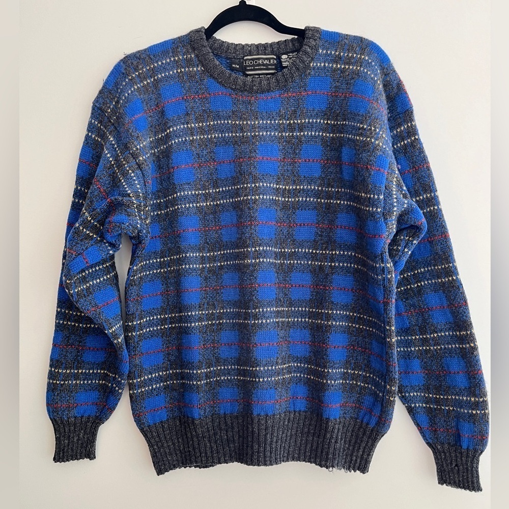 LEO CHEVALIER Vintage Wool Plaid Crew Neck Pullover Grandpa Sweater Unisex